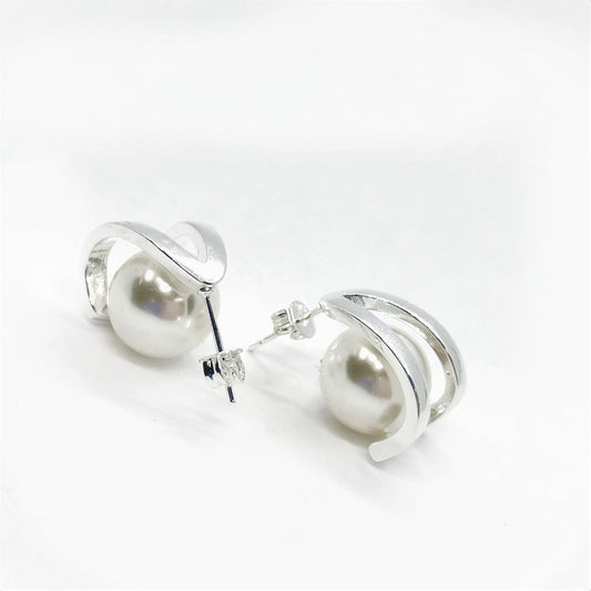 Shiny Silver Half Hoop Pearl Earring