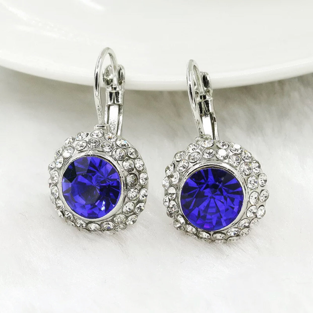 14K White Gold Sapphire Blue On White Gold Bezel Set IOBI Crystals Earrings for Woman