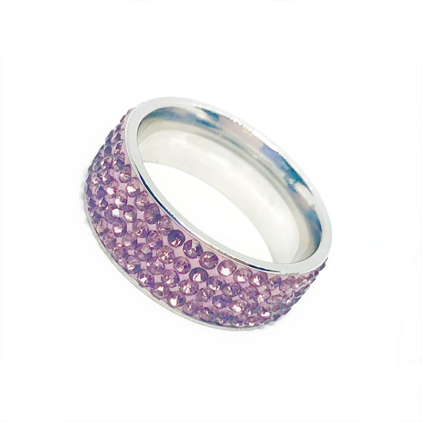 4 Row Pink IOBI Crystals Stainless Steel Ring