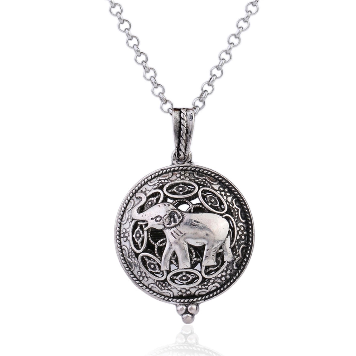 Silver Filigree Elephant Aromatherapy Scent Difusser Round Locket Necklace for Woman