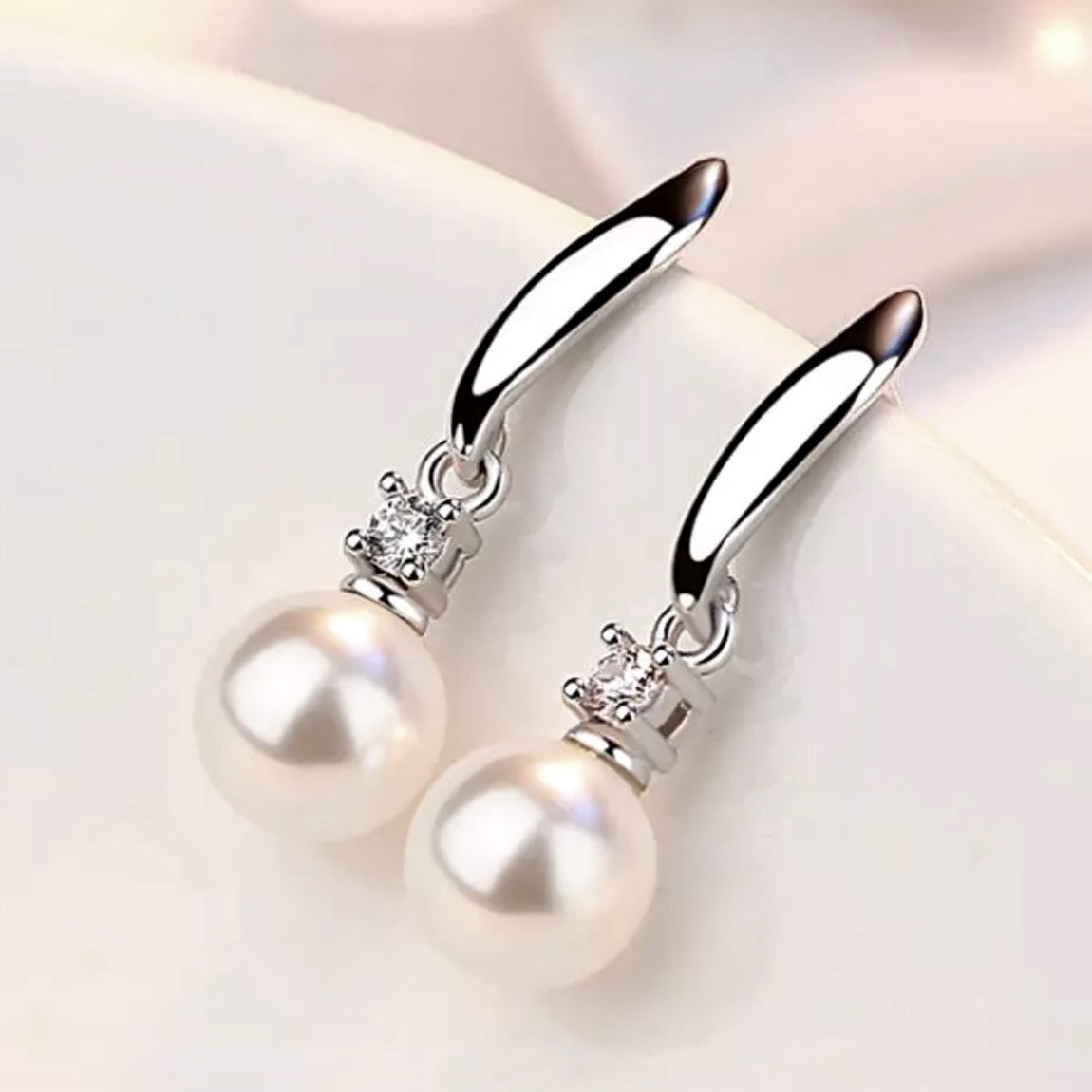 CZ Accented White Pearl Drop Earring