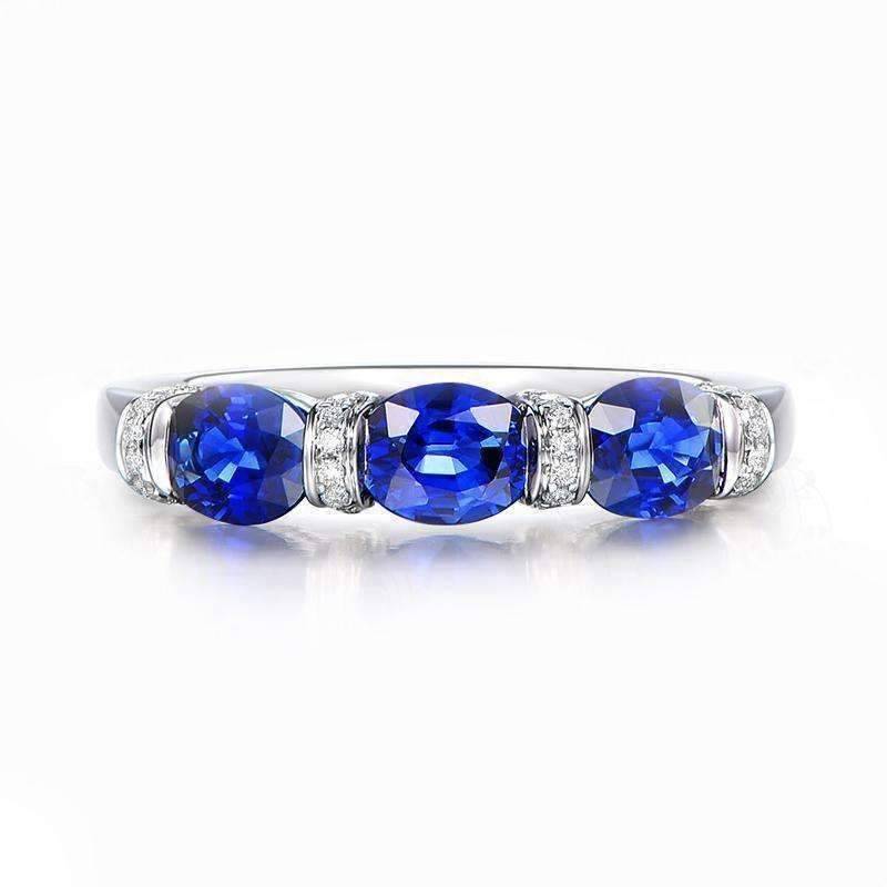 Josette En Bleu 1.5CTW Oval Three Stone Band OB Simulated Diamond Ring for Women Bridal Engagement Wedding Anniversary Gift