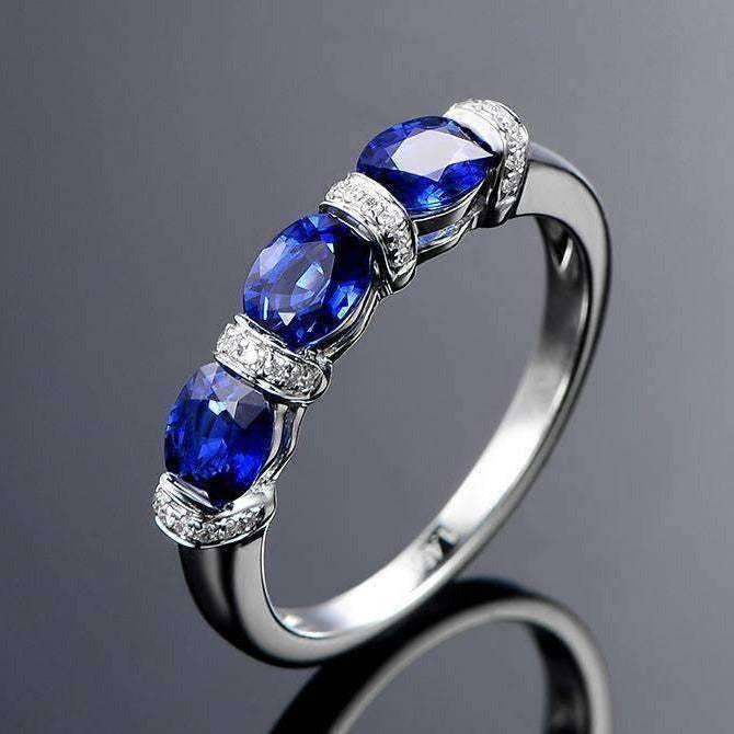 Josette En Bleu 1.5CTW Oval Three Stone Band OB Simulated Diamond Ring for Women Bridal Engagement Wedding Anniversary Gift