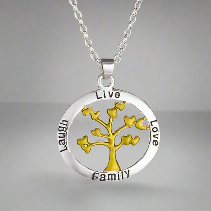 Live, Love, Laugh Family Tree Necklace in 14K White & Yellow Gold-Plated for Women – Perfect Gift for Special Occasions, Birthdays, Holidays & More