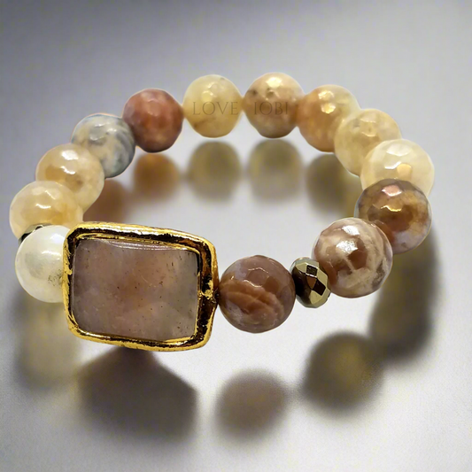 Natural Peach Moonstone Briolette Stretch Bead Bracelet with Gold Edging for Women