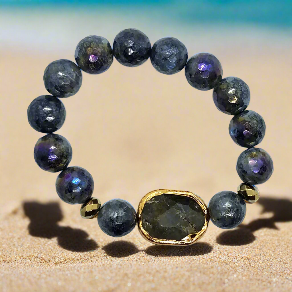 Natural Labradorite Briolette Stretch Bead Bracelet for Women with Gold Edging