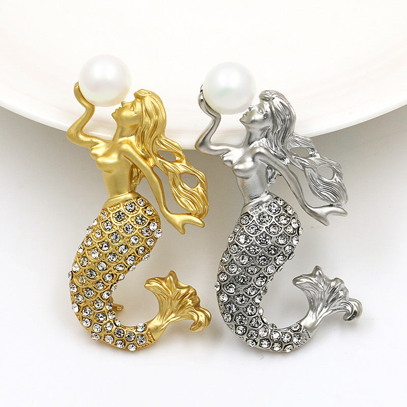 Mermaid & Pearl Crystal Encrusted Brooch Sweater Pin for Women