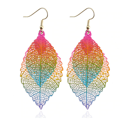 Metal Mesh Dangling Double Bold Rainbow Leaf Earrings for Woman Special Occasion Birthday Holiday Everyday Fashion