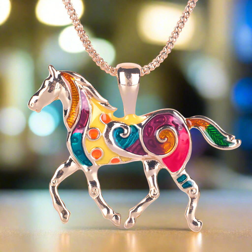 14K Gold Plated Painted Pony Enamel Horse Pendant Necklace for Woman Gift Horse Lover