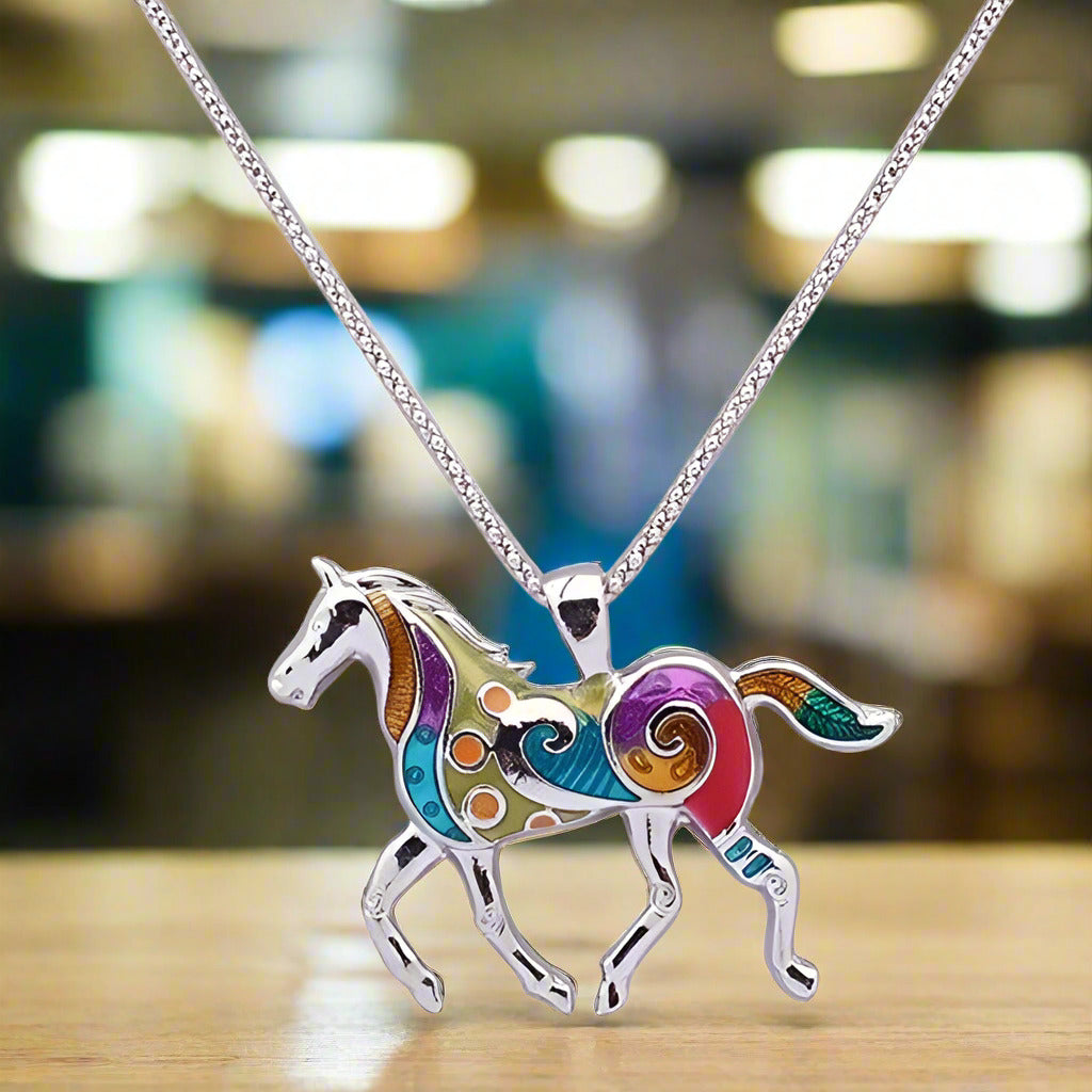 14K Gold Plated Painted Pony Enamel Horse Pendant Necklace for Woman Gift Horse Lover