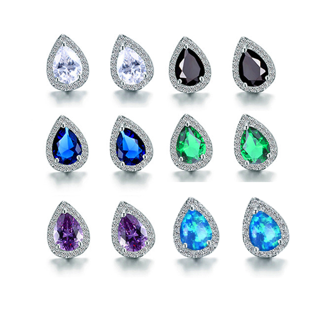 Zirconia Pear Halo White Gold Cz Stud Earrings for Women - Six Gemstone Colors