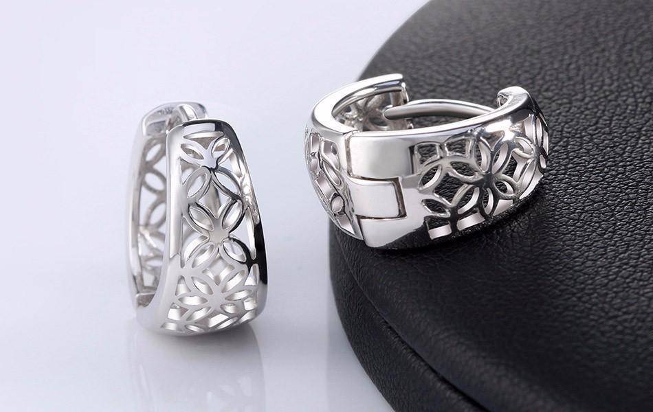 14K White Gold Plated Filigree Flower Huggie Earrings for Women Special Occasion