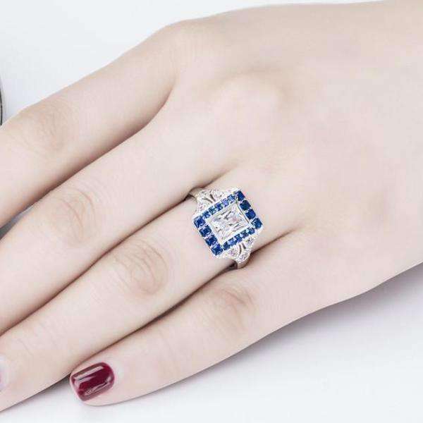 Eliza En Bleu 1CT Emerald Cut Vintage Era OB Simulated Diamond Ring for Women Bridal Engagement Wedding Anniversary Gift