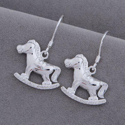 Rocking Horses Polished Finish Silver Dangling Hook Earrings for Woman