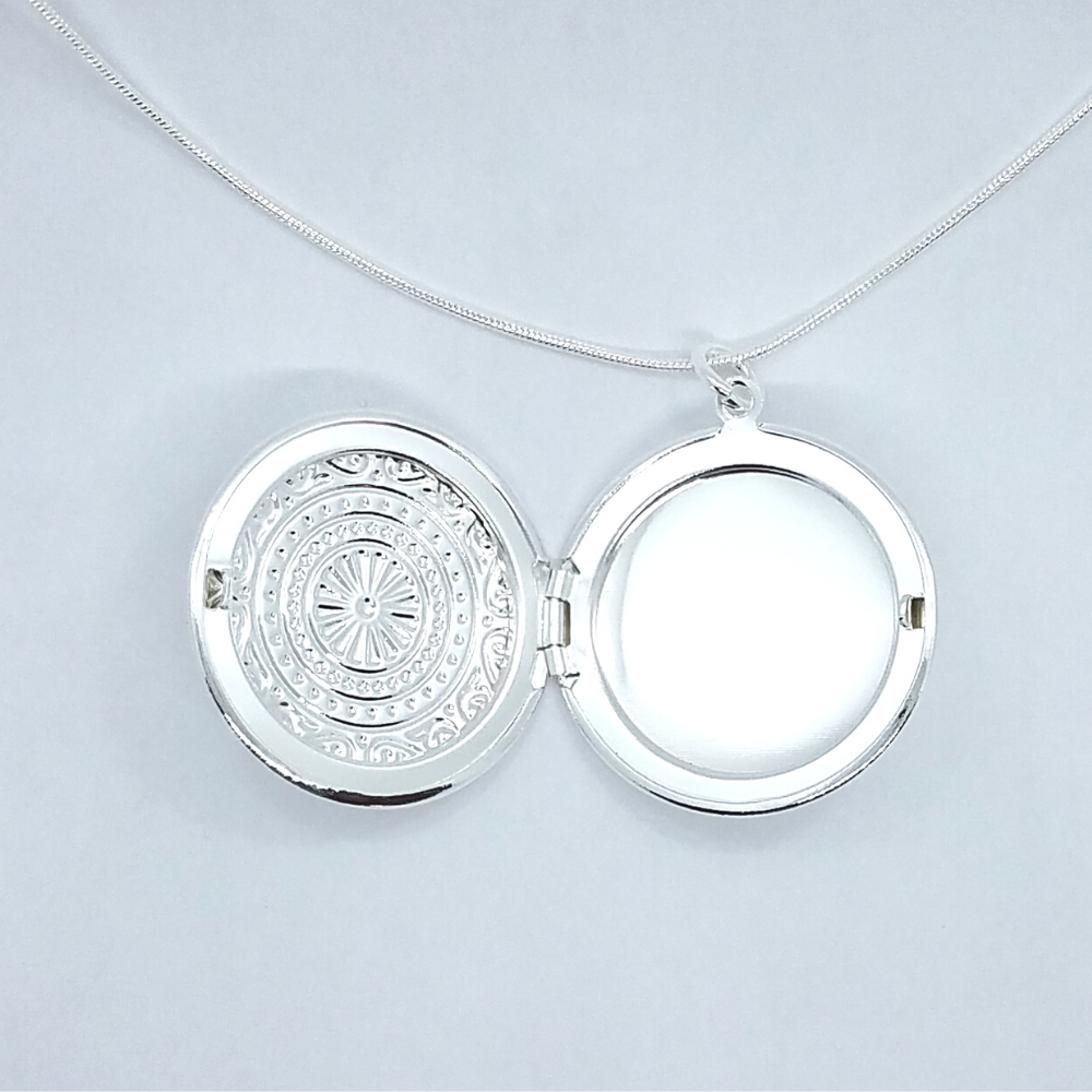 Round Embossed Sterling Silver Locket Necklace for Woman