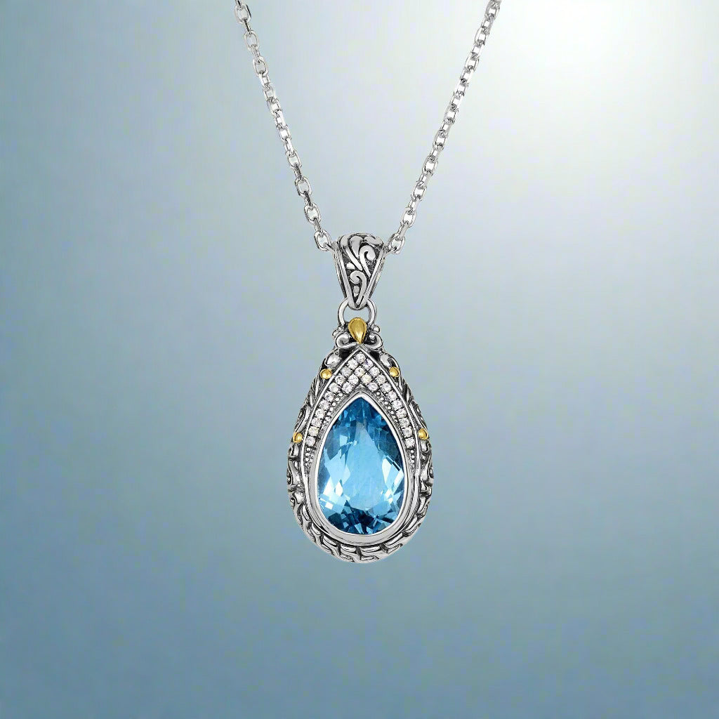 18Kt Yellow Gold+Silver with Oxidized Finish Shiny 34X16mm White Sapphire+Blue Topaz Teardrop Byzantine Pendant On Silver 18 inches 1.9mm Cable Chain Lobste