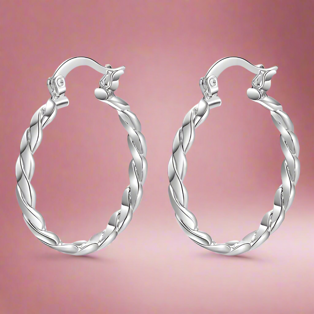 OB Braid Motif Silver Hoop Earrings for Women