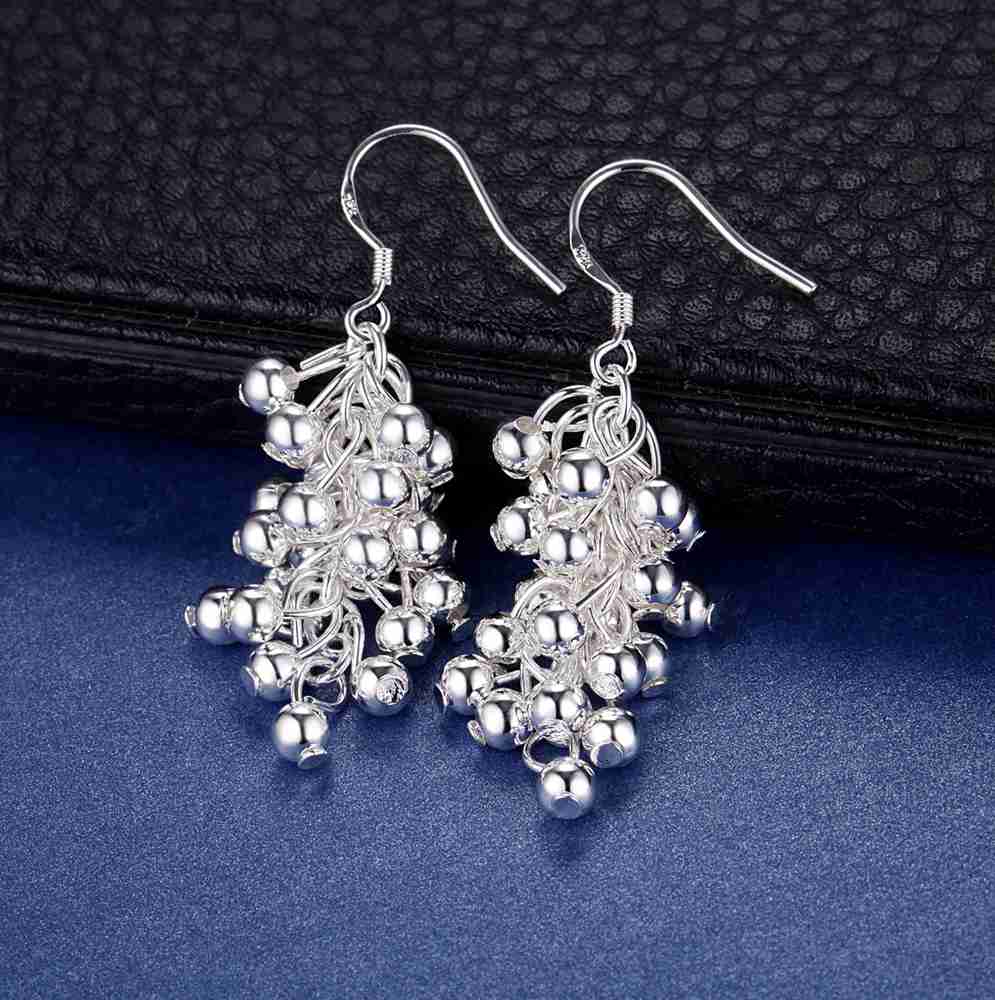 Tiny Dangling Grape Beads Silver Earrings For Woman