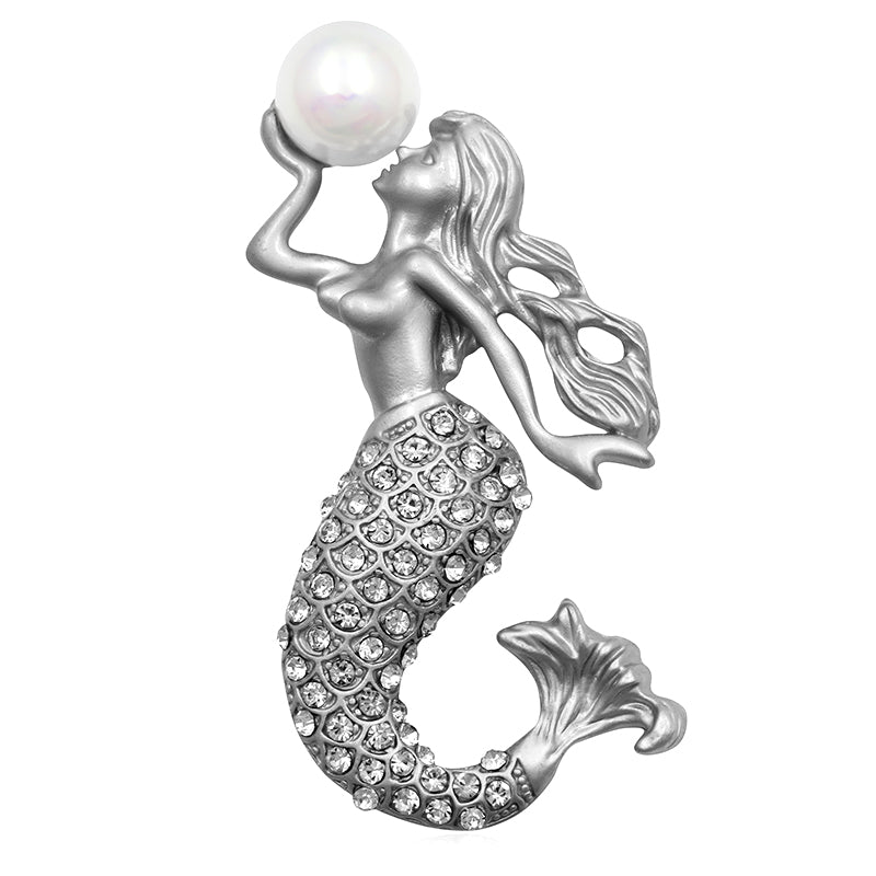 Mermaid & Pearl Crystal Encrusted Brooch Sweater Pin for Women