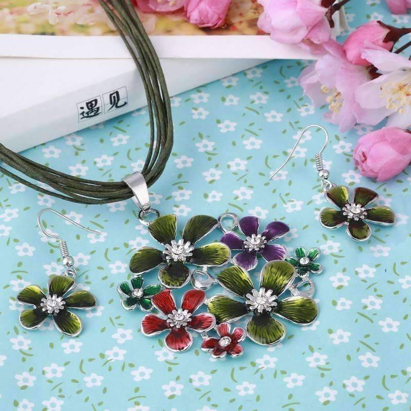 Spring Bouquet Enamel Flower Necklace and Earrings - In Three Colors