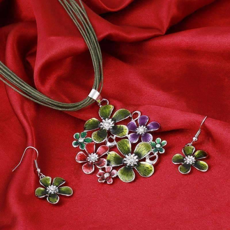 Spring Bouquet Enamel Flower Necklace and Earrings - In Three Colors