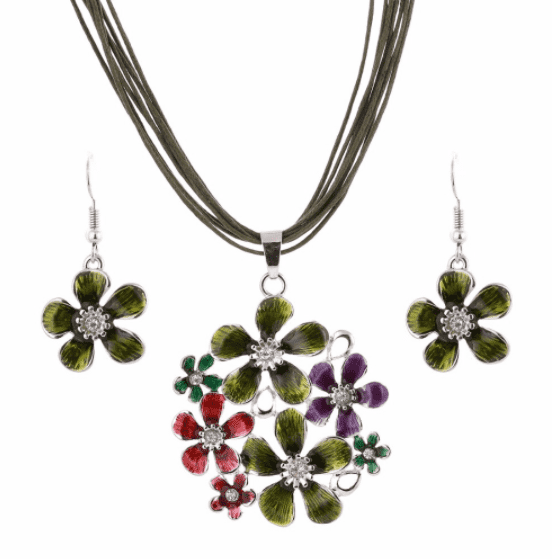 Spring Bouquet Enamel Flower Necklace and Earrings - In Three Colors