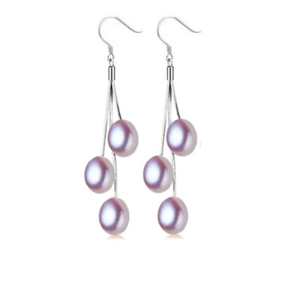 Lavender Triple Genuine Freshwater Pearl Sterling Silver Tassel Earrings for Women