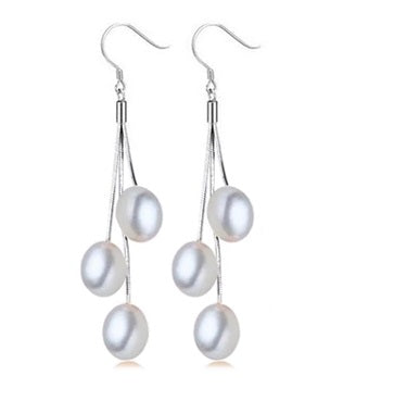 White Triple Genuine Freshwater Pearl Sterling Silver Tassel Earrings for Women