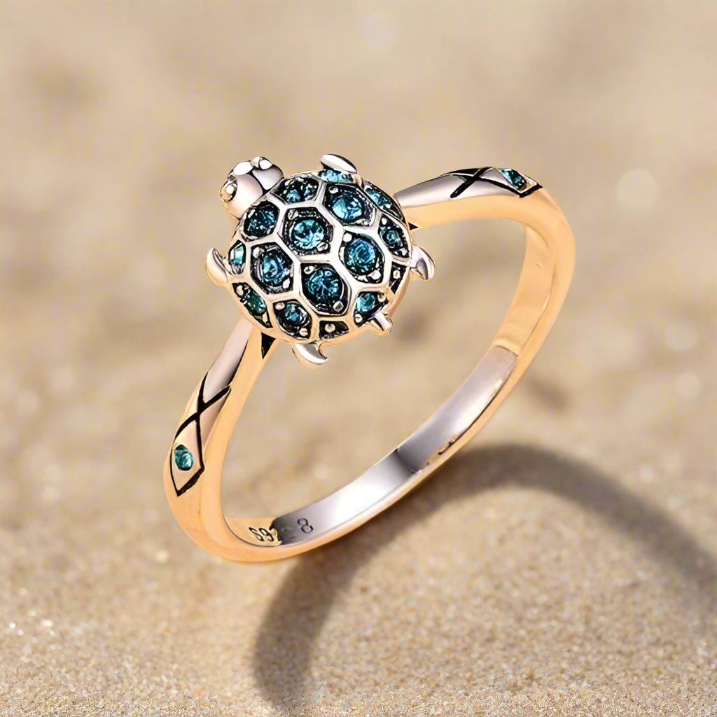 Aquatic Delight Crystal Sea Turtle Sterling Silver Ring