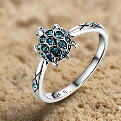 Aquatic Delight Crystal Sea Turtle Sterling Silver Ring