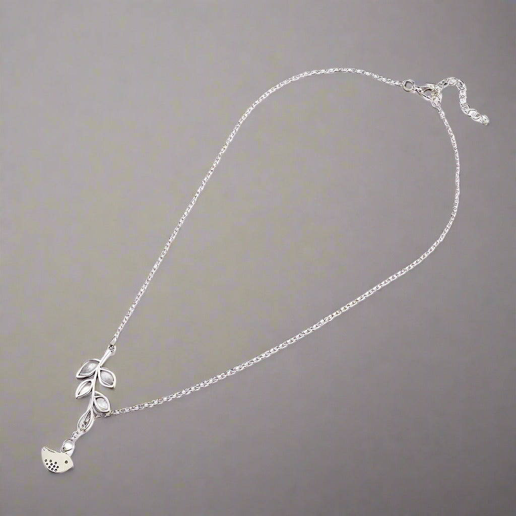 14K White Gold Plated Cute Bird Leaf Vine Thread Necklace for Woman Everyday Wear or Gift