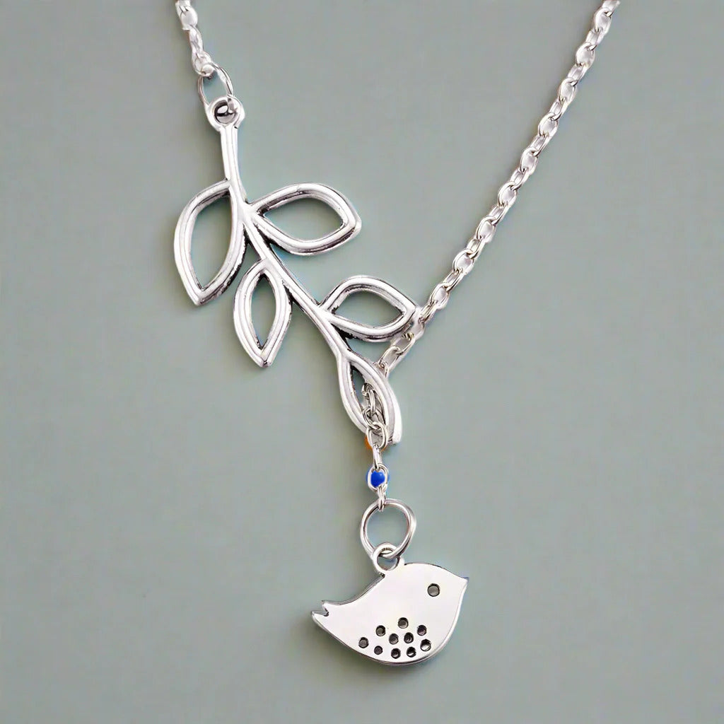 14K White Gold Plated Cute Bird Leaf Vine Thread Necklace for Woman Everyday Wear or Gift