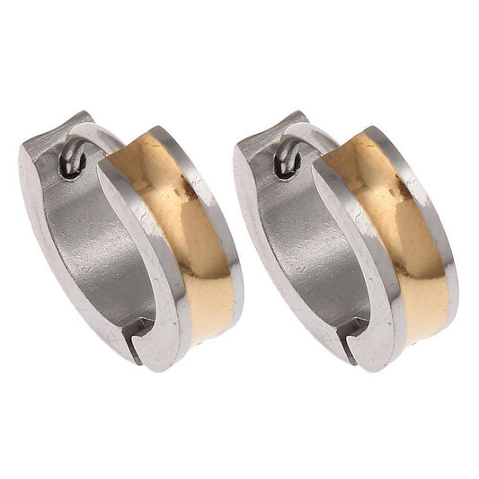 Two Tone Polished Stainless Steel Huggie Hoop Earrings - For Men or Women