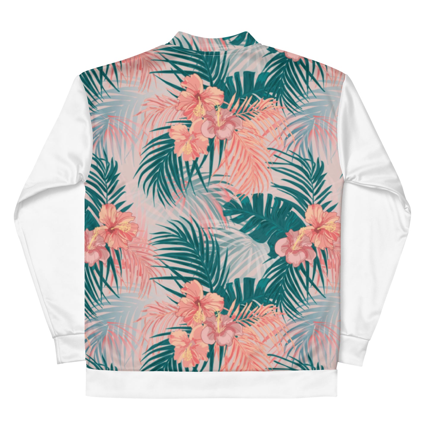 Women Bomber Jacket With Pockets Zipper Premium Quality Tropical Hibiscus Palm Leaves Design by IOBI Original Apparel