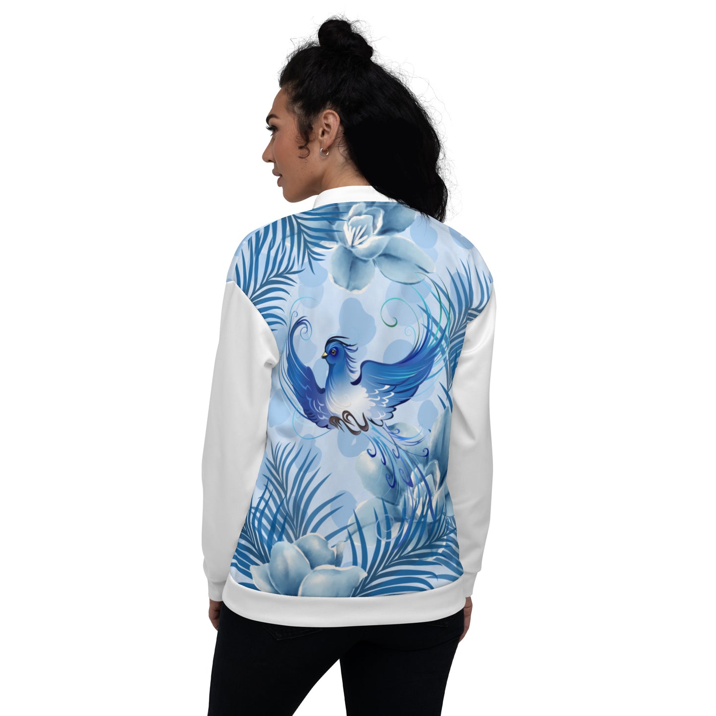 Women Bomber Jacket With Zipper Premium Quality Blue Fire Bird Floral Design by IOBI Original Apparel