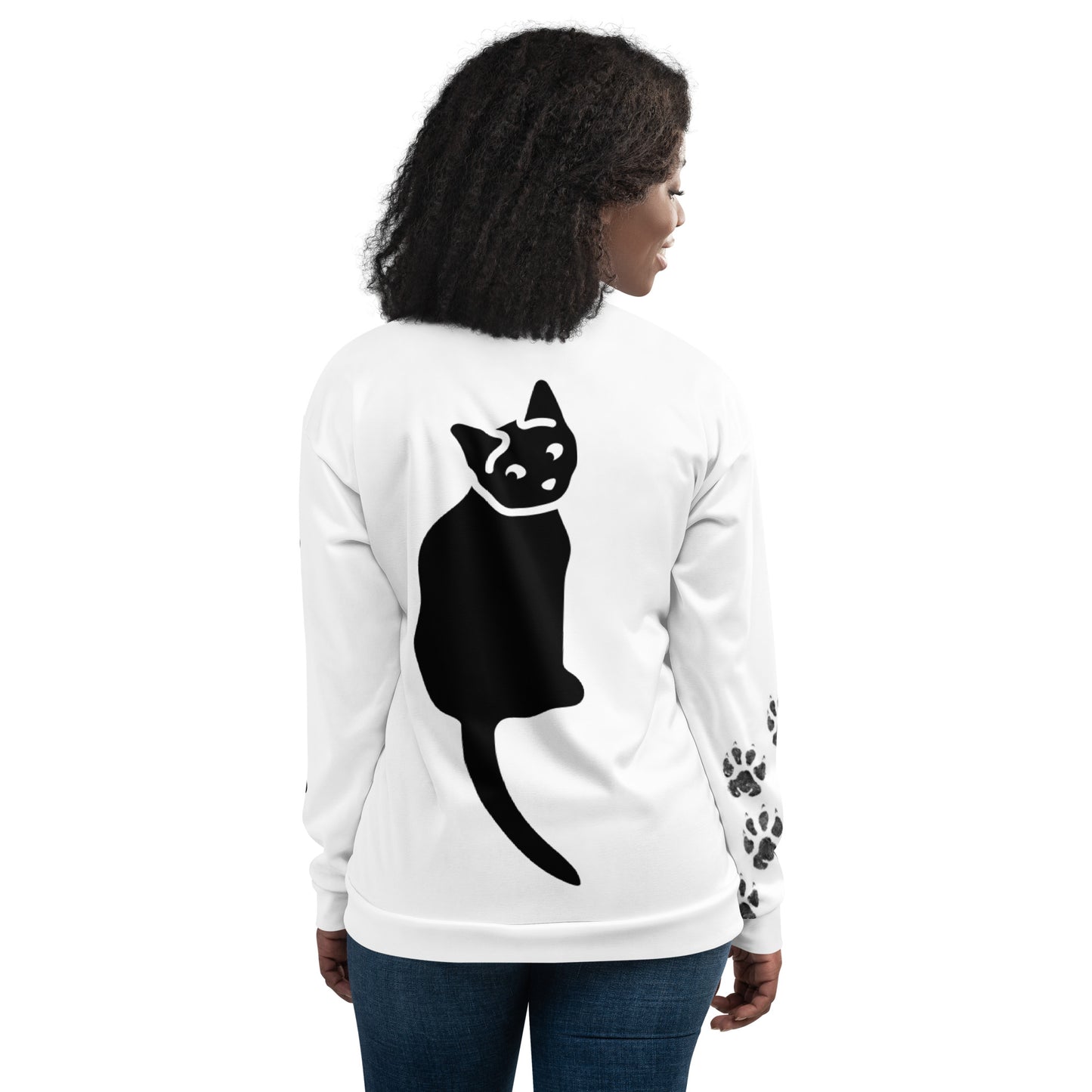 Women Bomber Jacket With Pockets Zipper Premium Quality Cat Silhouette Meow Design by IOBI Original Apparel