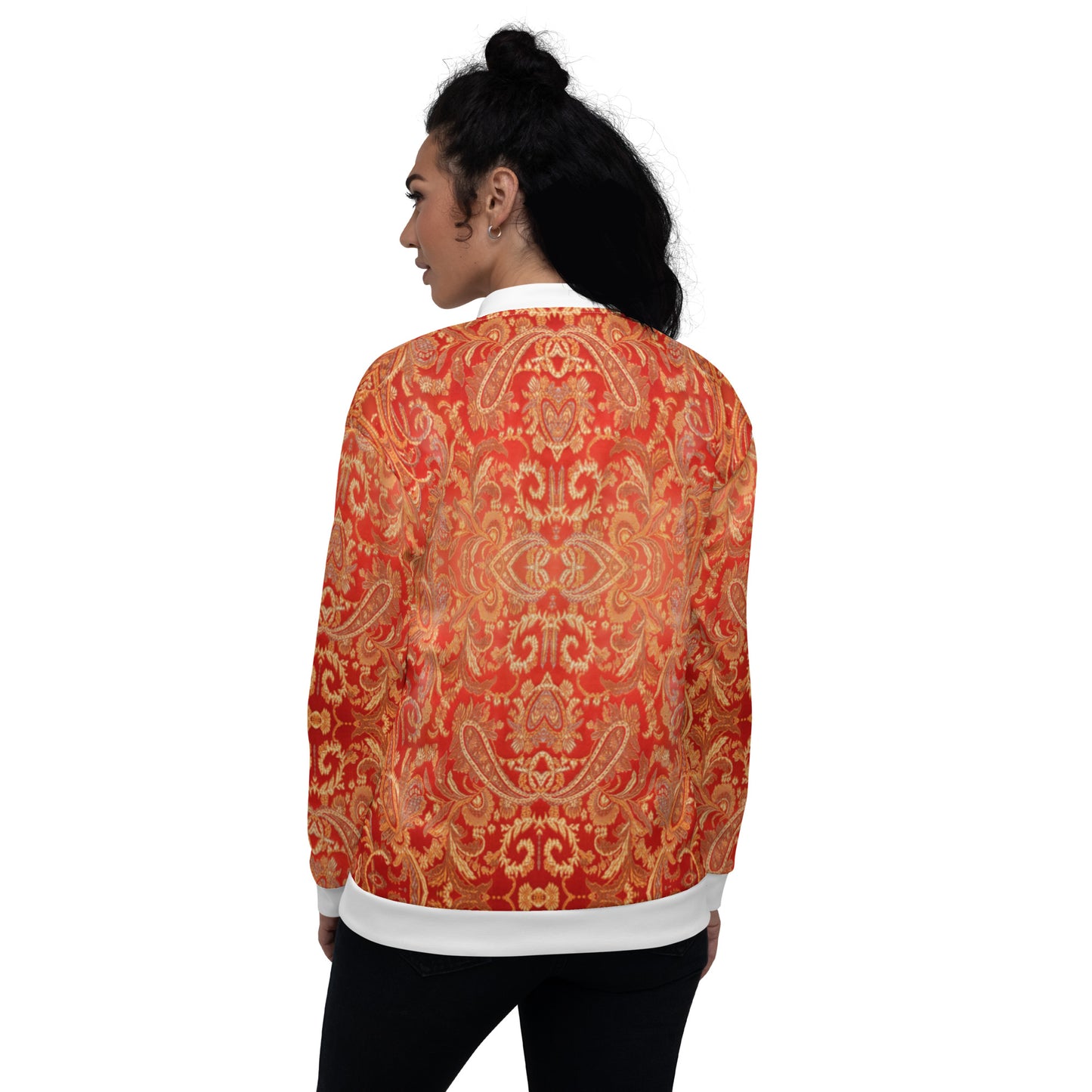 Women Bomber Jacket With Pockets Zipper Premium Quality Warm Paisley Design by IOBI Original Apparel