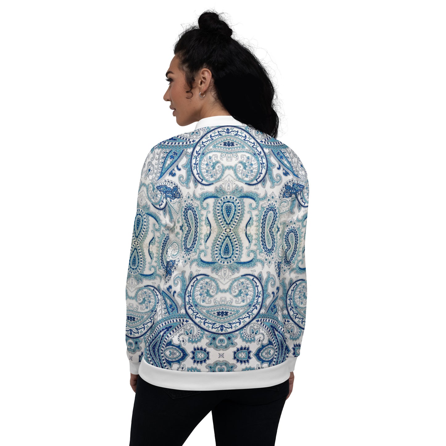 Women Bomber Jacket With Pockets Zipper Cool White Blue Paisley Design by IOBI Original Apparel