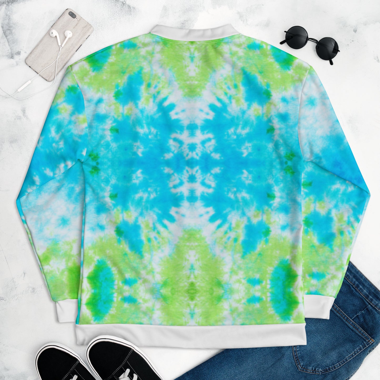 Women Bomber Jacket With Pockets Zipper Cool Blue Green Tie Dye Design by IOBI Original Apparel