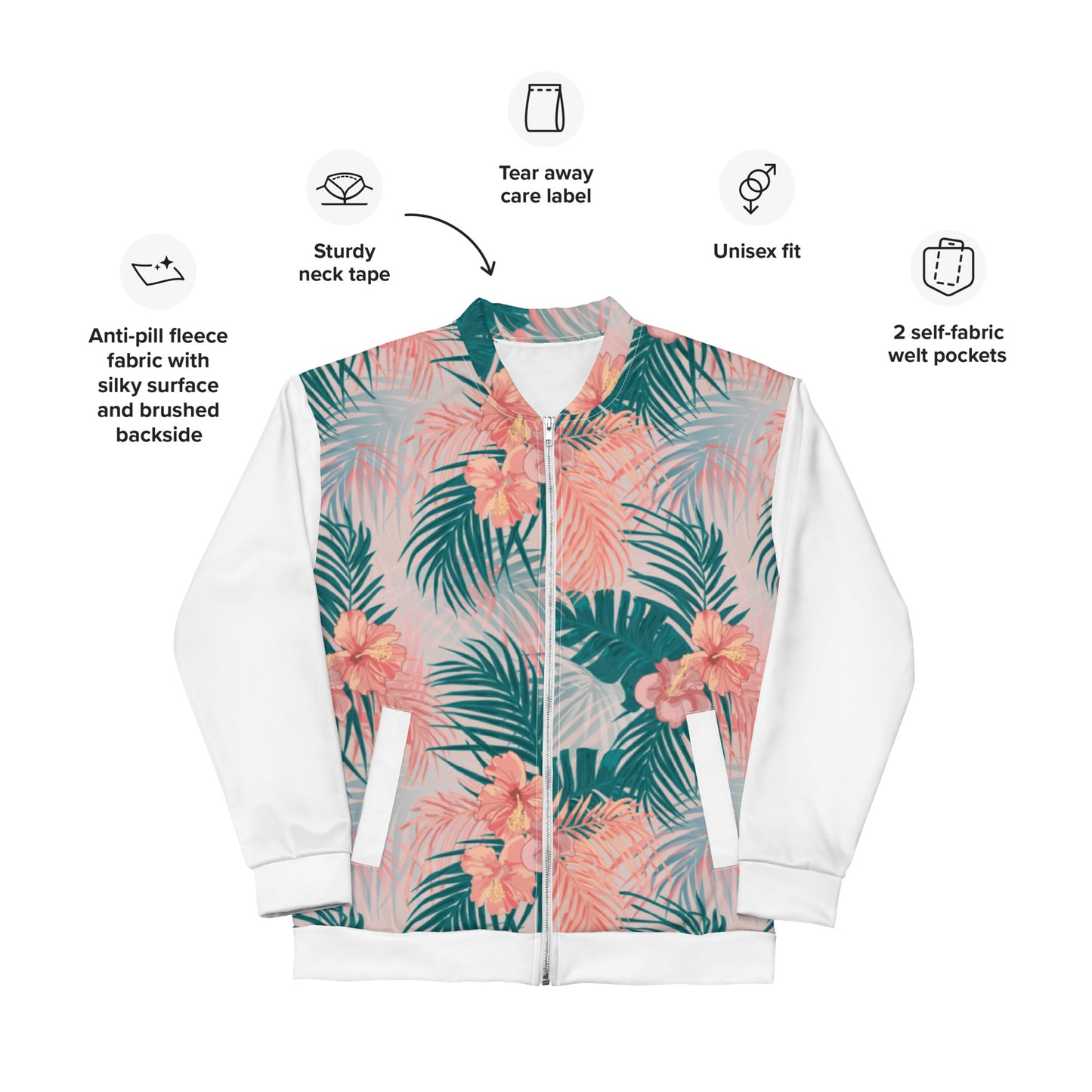 Women Bomber Jacket With Pockets Zipper Premium Quality Tropical Hibiscus Palm Leaves Design by IOBI Original Apparel