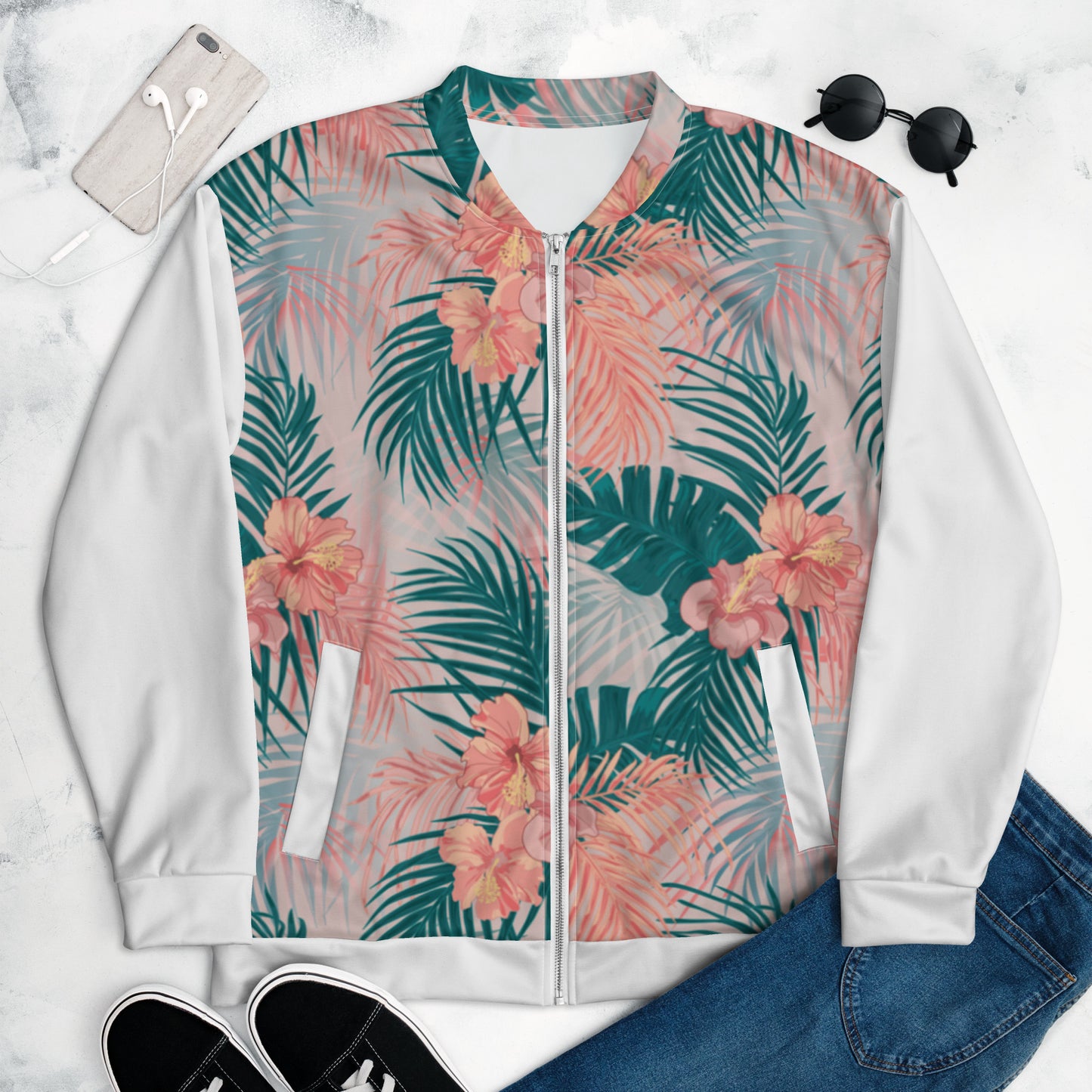 Women Bomber Jacket With Pockets Zipper Premium Quality Tropical Hibiscus Palm Leaves Design by IOBI Original Apparel