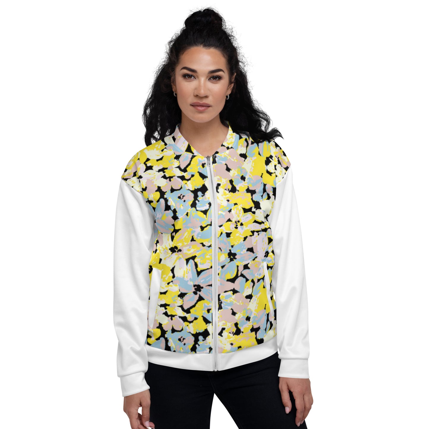 Women's Bomber Jacket With Pockets Zipper Premium Quality Yellow Blue Pink Bloom Design by IOBI Original Apparel