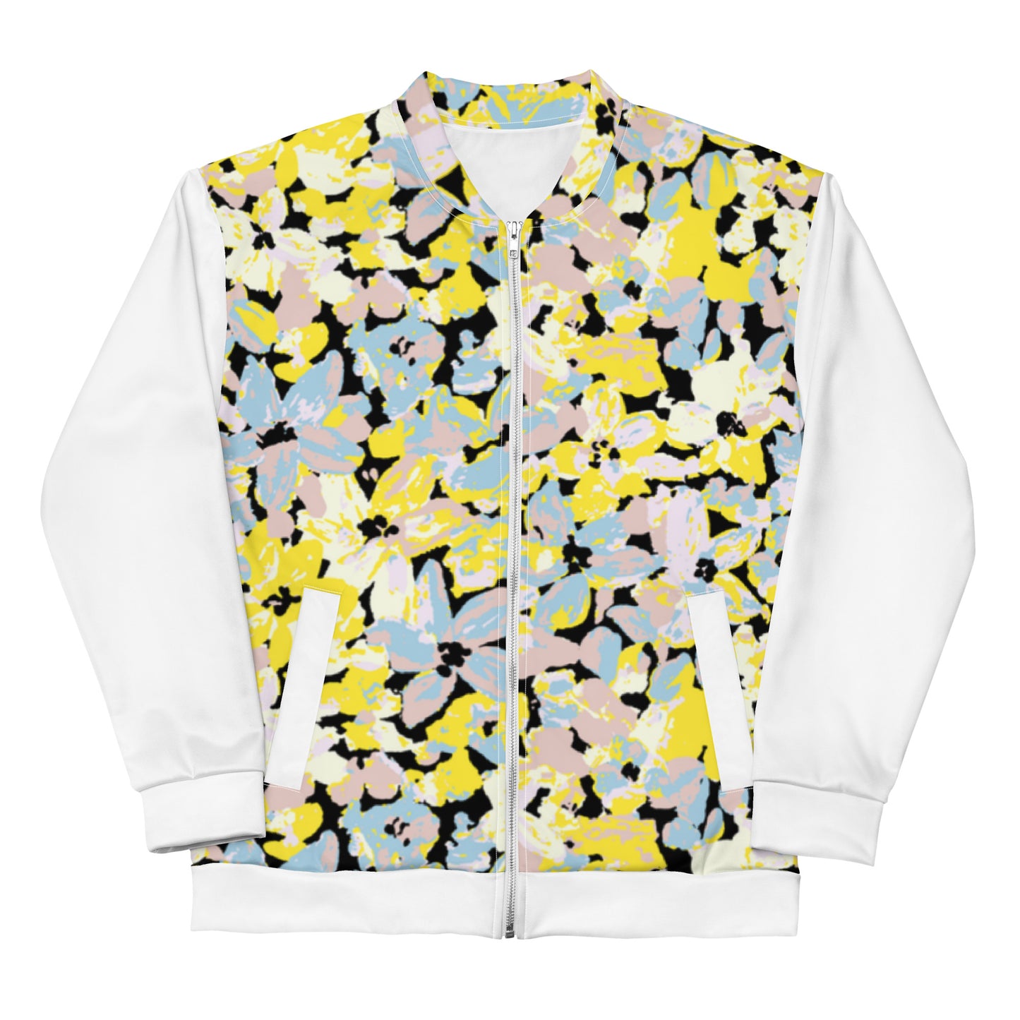 Women's Bomber Jacket With Pockets Zipper Premium Quality Yellow Blue Pink Bloom Design by IOBI Original Apparel