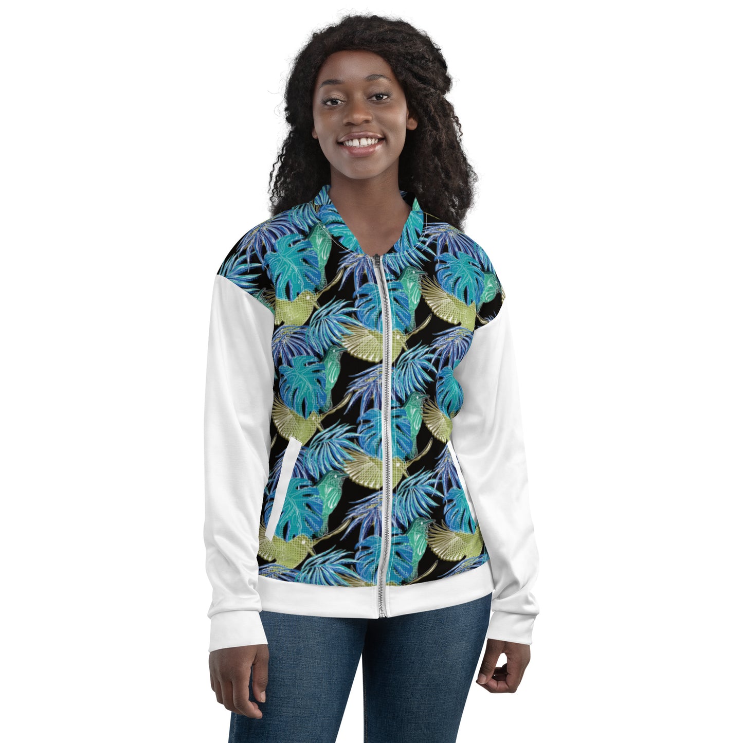 Women Bomber Jacket With Pockets Zipper Premium Quality Thermal Tropical Bird Design by IOBI Original Apparel