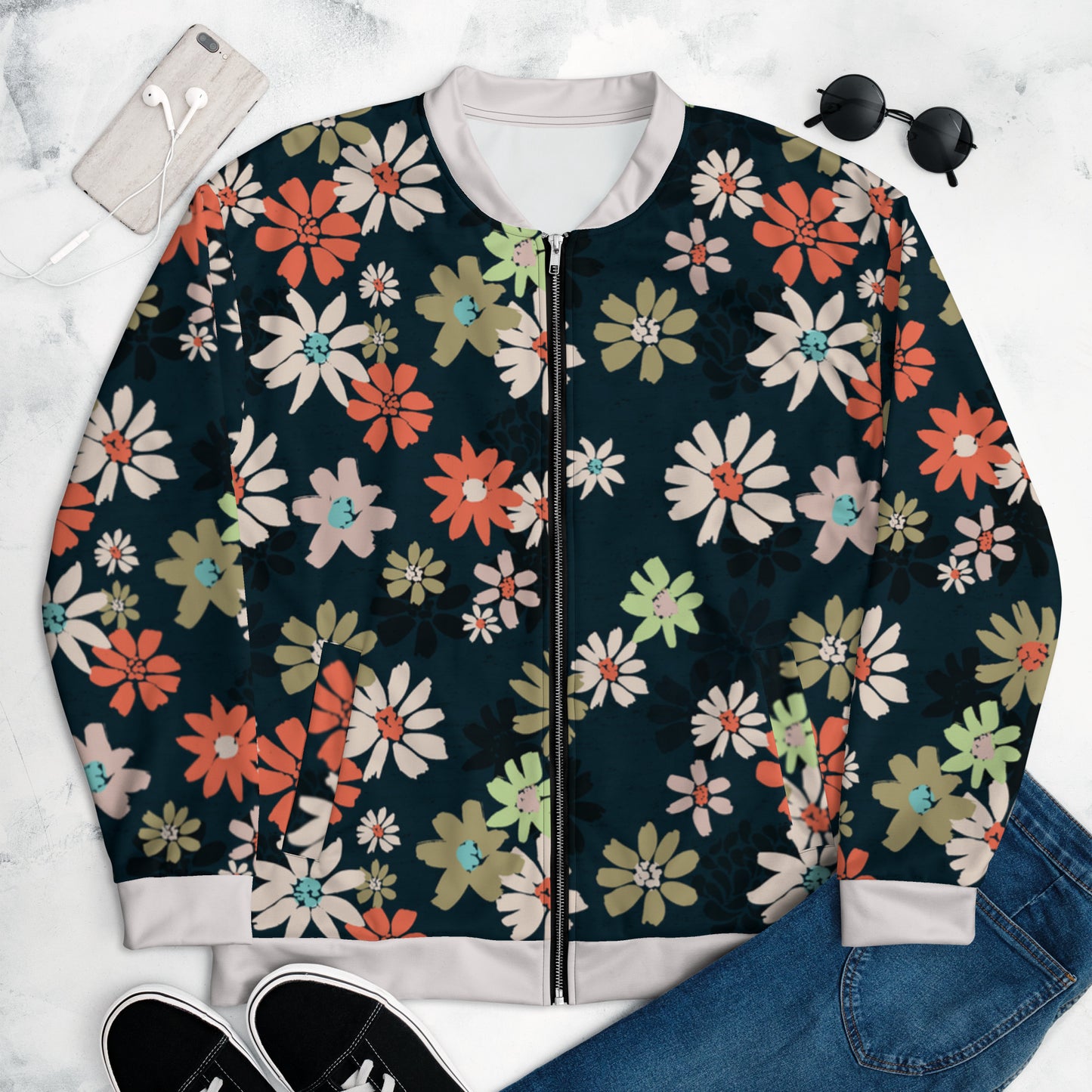 Women Bomber Jacket With Pockets Zipper Daisy Flowers Full Jacket Design by IOBI Original Apparel