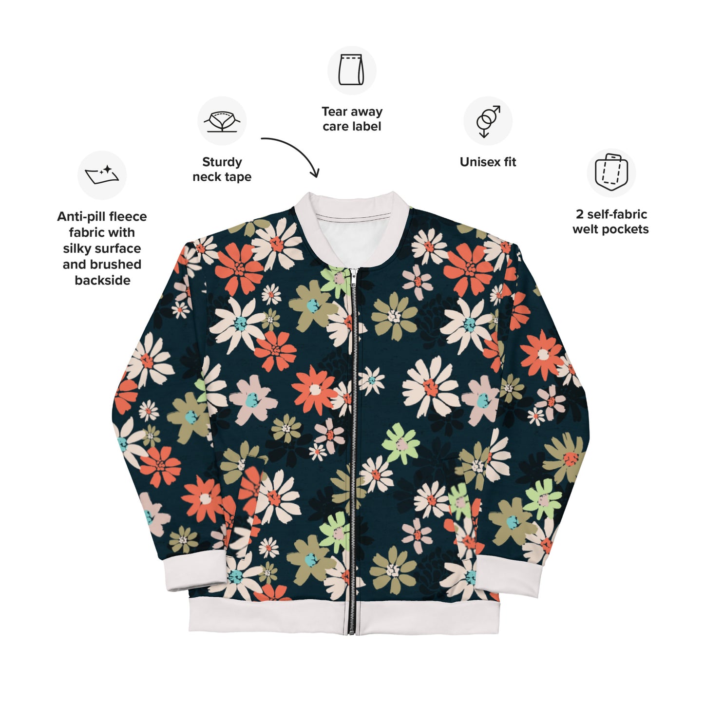 Women Bomber Jacket With Pockets Zipper Daisy Flowers Full Jacket Design by IOBI Original Apparel