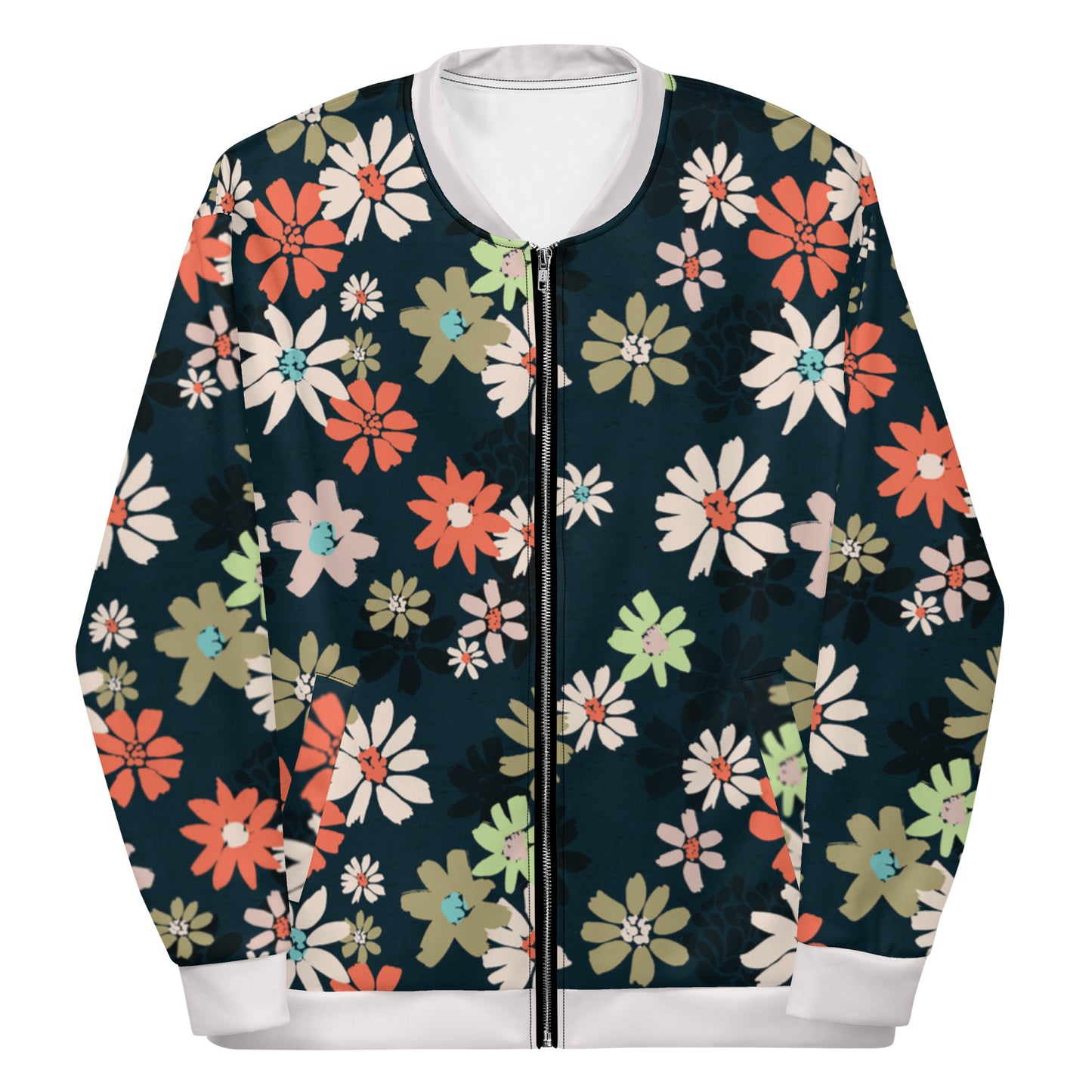 Women Bomber Jacket With Pockets Zipper Daisy Flowers Full Jacket Design by IOBI Original Apparel