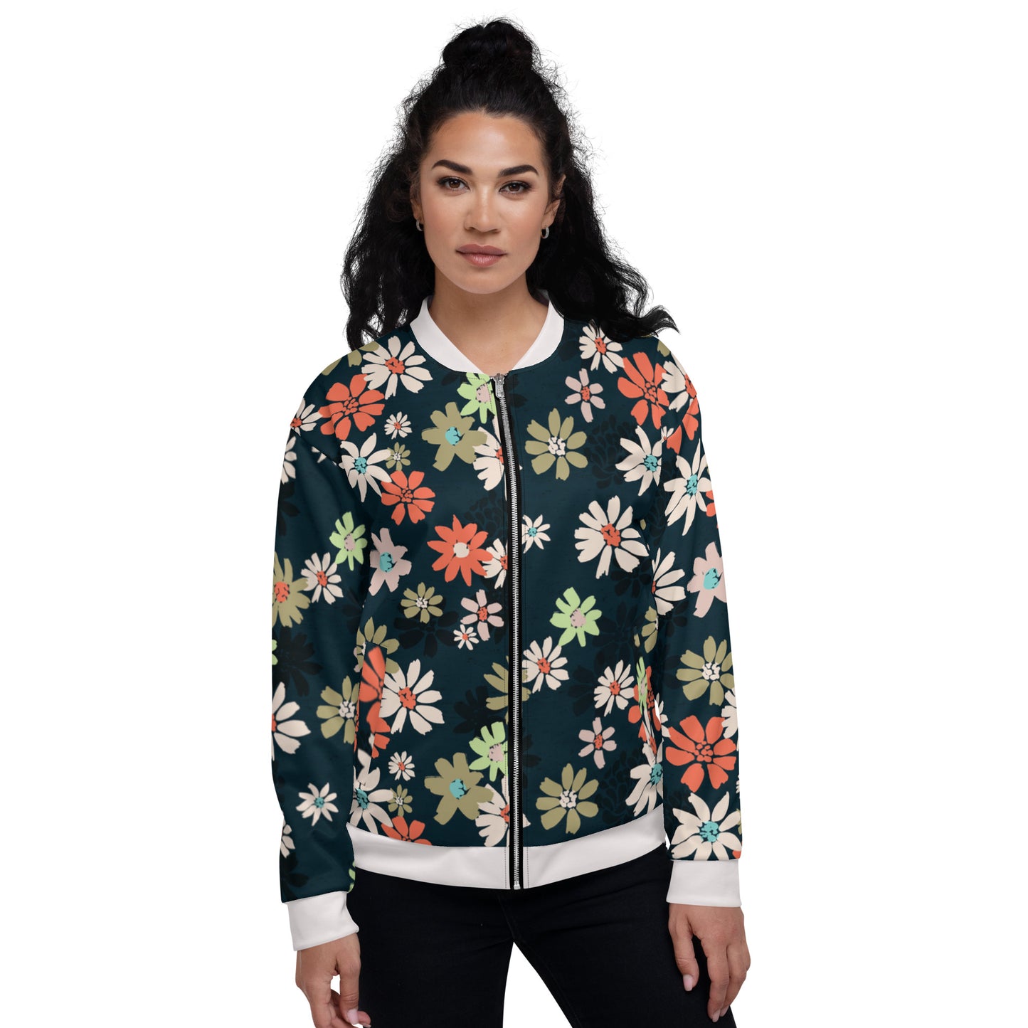 Women Bomber Jacket With Pockets Zipper Daisy Flowers Full Jacket Design by IOBI Original Apparel