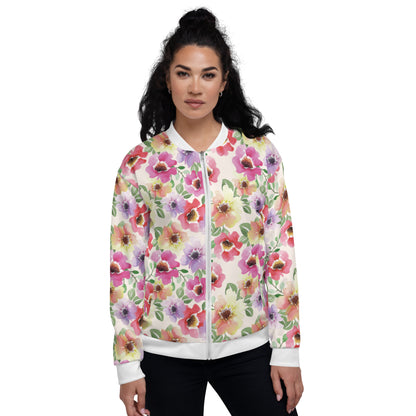 Women Bomber Jacket With Pockets Zipper Poppy Bloom Flowers Design by IOBI Original Apparel