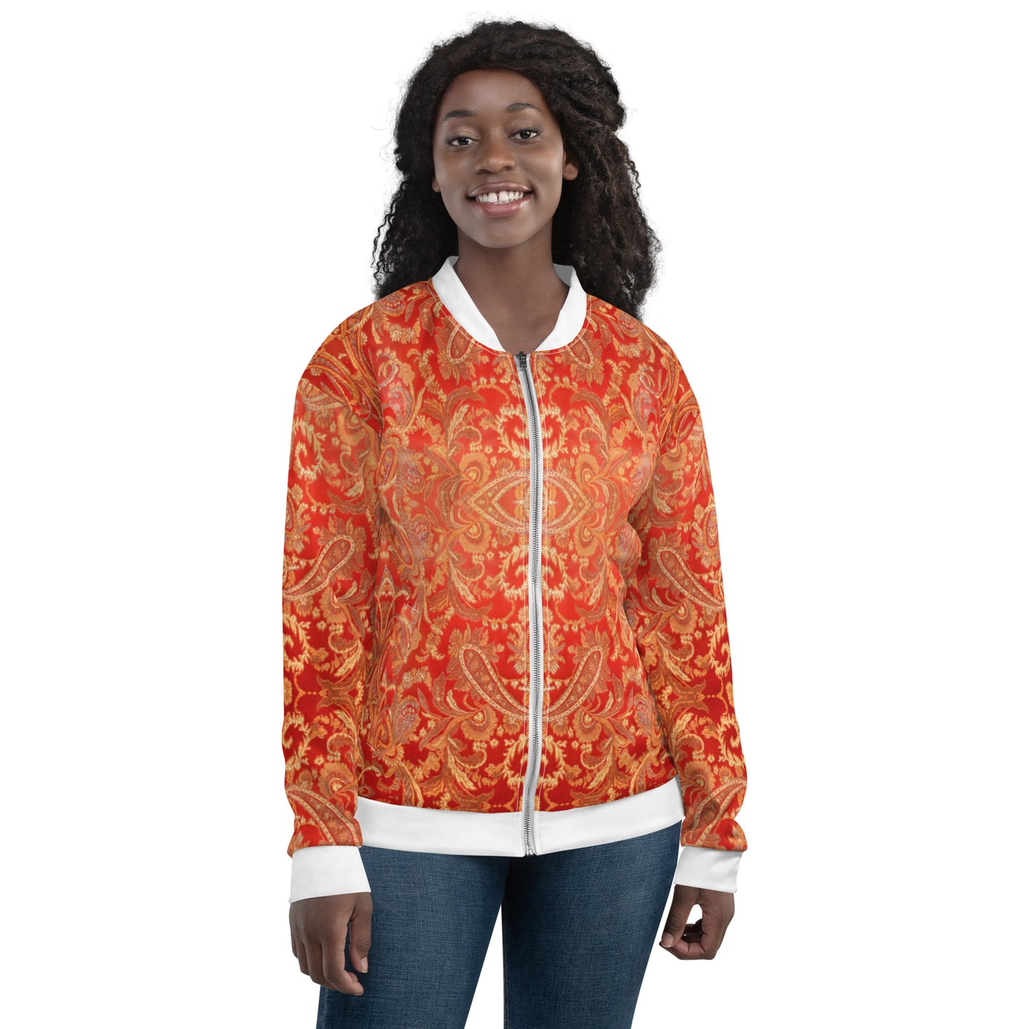 Women Bomber Jacket With Pockets Zipper Premium Quality Warm Paisley Design by IOBI Original Apparel